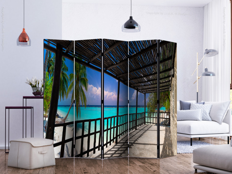 Room Divider Carefree Paradise II (5-piece) - palm trees and ocean view from a window 133126 additionalImage 2
