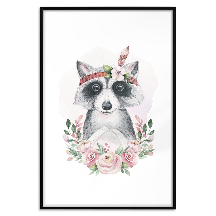 Poster Simon the Raccoon - natural composition of flowers and animals on a light background 135726 additionalImage 3