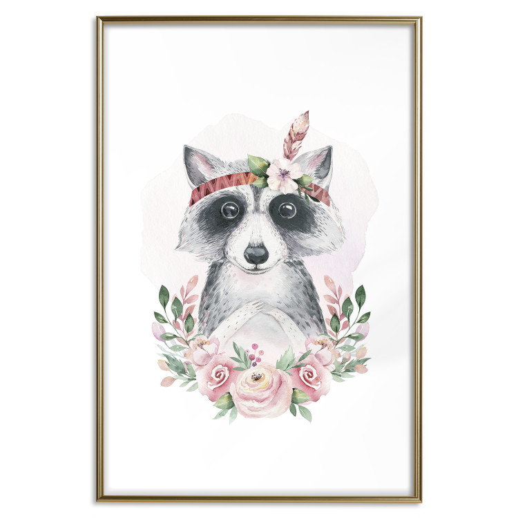 Poster Simon the Raccoon - natural composition of flowers and animals on a light background 135726 additionalImage 2