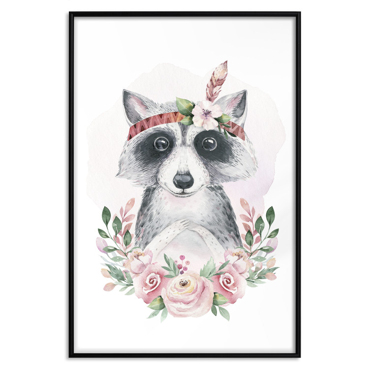 Poster Simon the Raccoon - natural composition of flowers and animals on a light background 135726 additionalImage 5