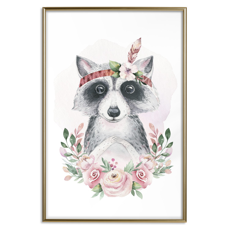 Poster Simon the Raccoon - natural composition of flowers and animals on a light background 135726 additionalImage 4
