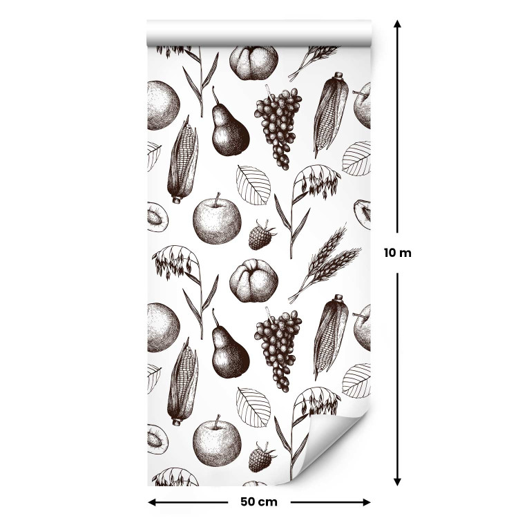 Modern Wallpaper Autumn Pattern - Monochrome Sketch of Fruits and Ears of Grain 149926 additionalImage 2