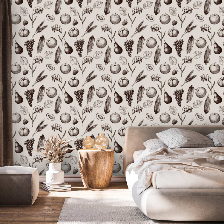 Modern Wallpaper Autumn Pattern - Monochrome Sketch of Fruits and Ears of Grain 149926