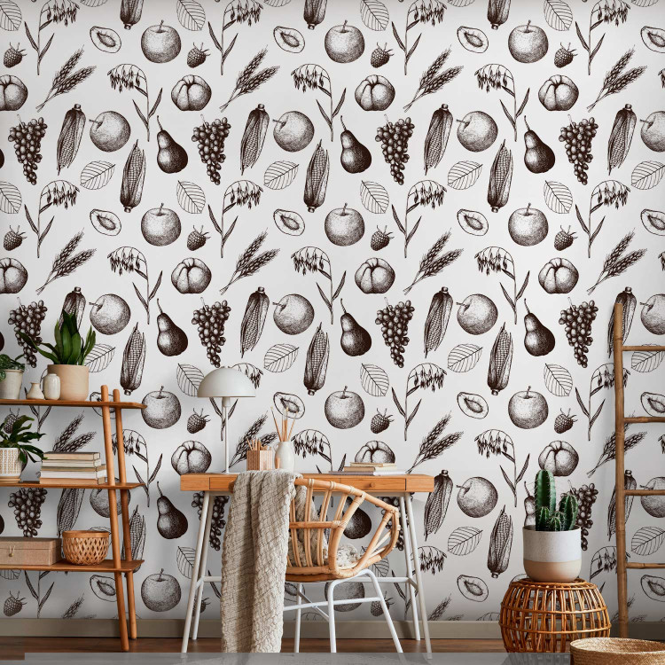 Modern Wallpaper Autumn Pattern - Monochrome Sketch of Fruits and Ears of Grain 149926 additionalImage 5