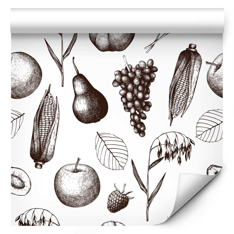 Modern Wallpaper Autumn Pattern - Monochrome Sketch of Fruits and Ears of Grain 149926 additionalImage 1