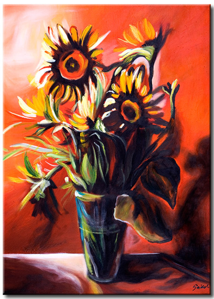 Canvas Art Print Sunflowers in a Vase (1-piece) - Flowers on a background with a shadow effect 48626