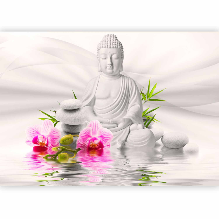 Photo Wallpaper Buddhism - Meditating Buddha on a water surface with orchids on a white background 61426 additionalImage 1