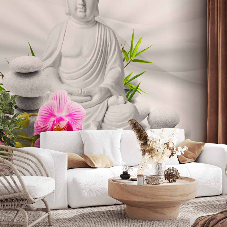 Photo Wallpaper Buddhism - Meditating Buddha on a water surface with orchids on a white background 61426