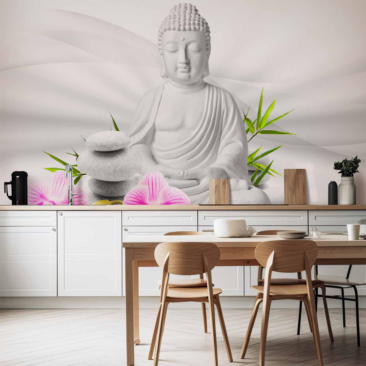 Photo Wallpaper Buddhism - Meditating Buddha on a water surface with orchids on a white background 61426 additionalImage 6