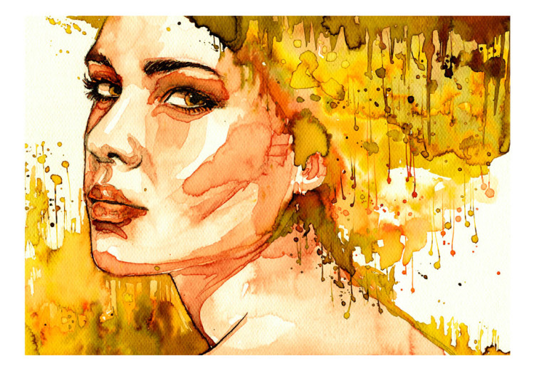 Photo Wallpaper Amber portrait of a woman - silhouette and face of a woman in yellow watercolour 64526 additionalImage 1