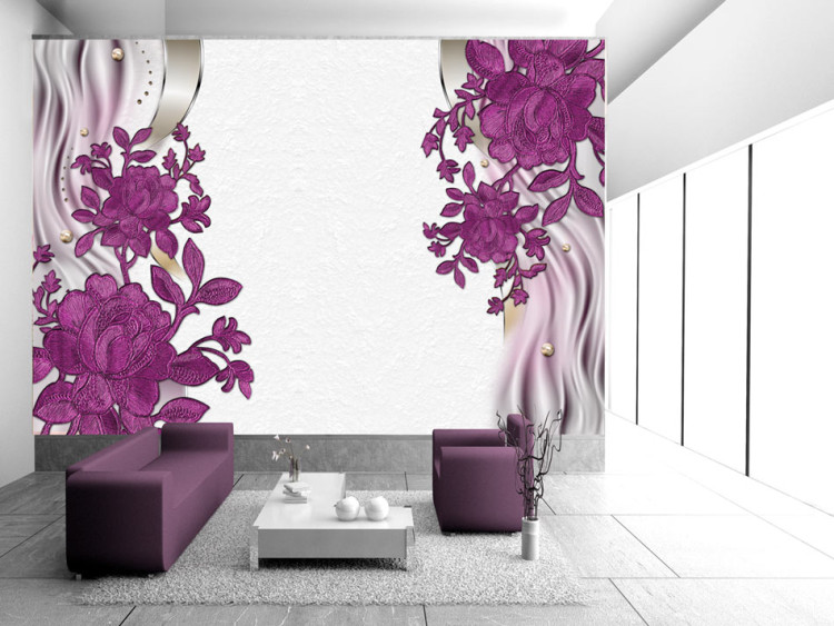 Wall Mural Purple flowers - floral motif on a light background with wave patterns 97326