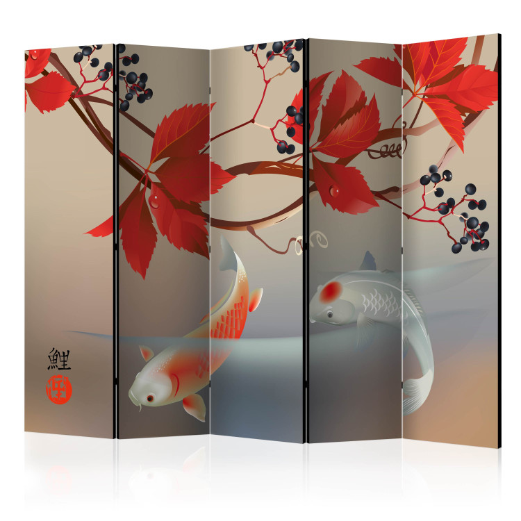 Room Separator Happy Fish II - fish in water and red leaves in Zen motif 98226