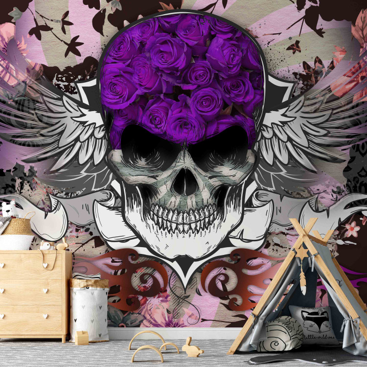 Wall Mural Abstract - corpse skull in purple tones on a background with flowers 114236 additionalImage 6