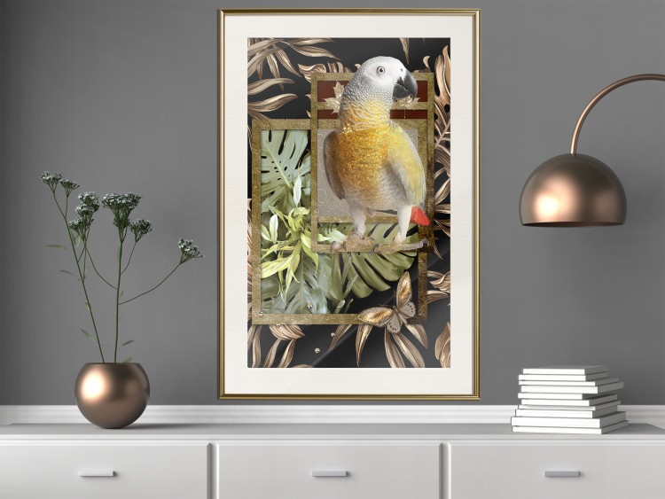 Wall Poster Golden Parrot - butterfly and parrot on a branch against a background of tropical leaves 116436 additionalImage 24