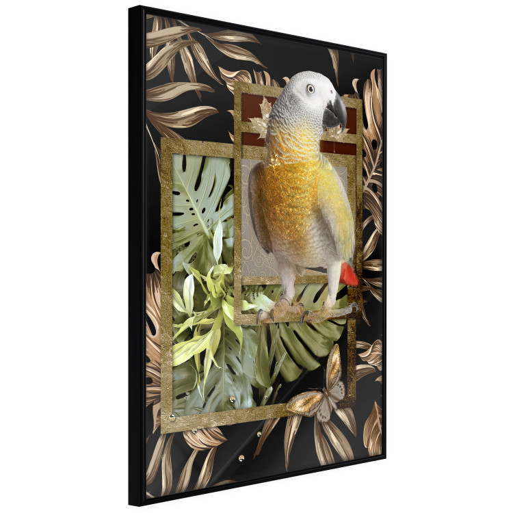 Wall Poster Golden Parrot - butterfly and parrot on a branch against a background of tropical leaves 116436 additionalImage 10