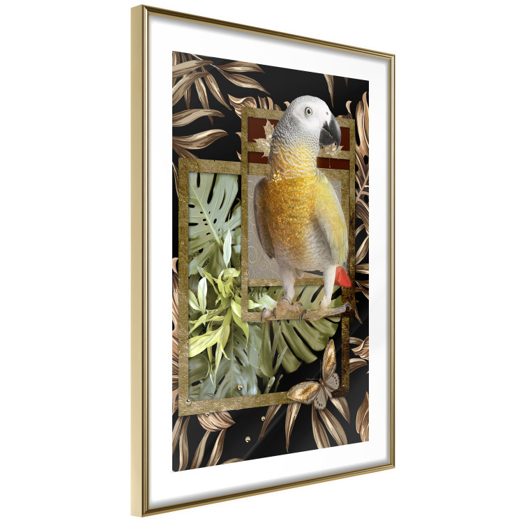 Wall Poster Golden Parrot - butterfly and parrot on a branch against a background of tropical leaves 116436 additionalImage 8