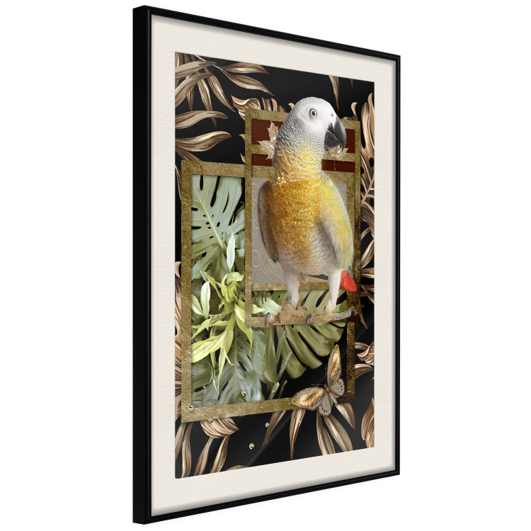 Wall Poster Golden Parrot - butterfly and parrot on a branch against a background of tropical leaves 116436 additionalImage 3