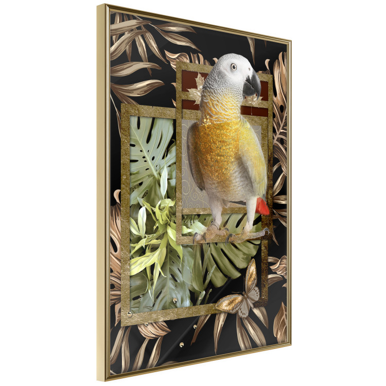 Wall Poster Golden Parrot - butterfly and parrot on a branch against a background of tropical leaves 116436 additionalImage 14
