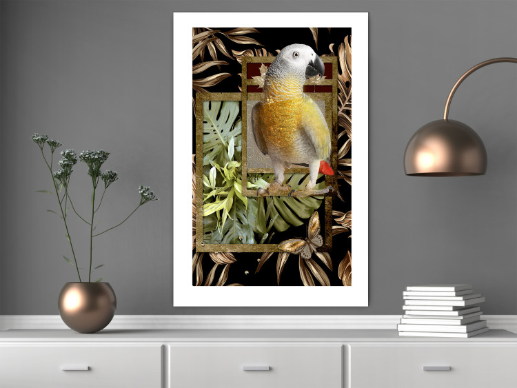 Wall Poster Golden Parrot - butterfly and parrot on a branch against a background of tropical leaves 116436 additionalImage 4