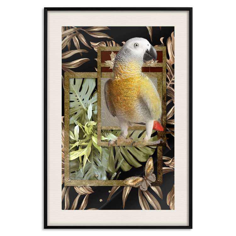Wall Poster Golden Parrot - butterfly and parrot on a branch against a background of tropical leaves 116436 additionalImage 27