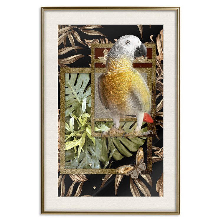 Wall Poster Golden Parrot - butterfly and parrot on a branch against a background of tropical leaves 116436 additionalImage 25
