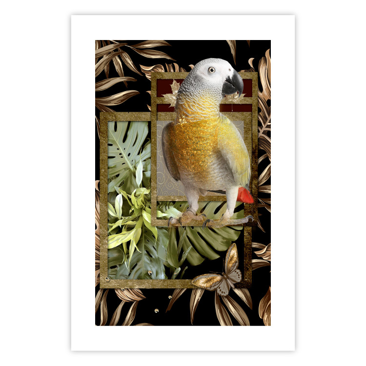 Wall Poster Golden Parrot - butterfly and parrot on a branch against a background of tropical leaves 116436 additionalImage 16
