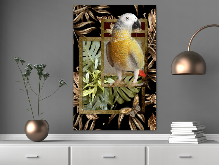 Wall Poster Golden Parrot - butterfly and parrot on a branch against a background of tropical leaves 116436 additionalImage 22