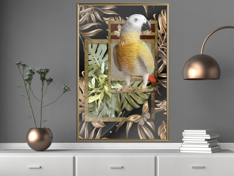 Wall Poster Golden Parrot - butterfly and parrot on a branch against a background of tropical leaves 116436 additionalImage 7