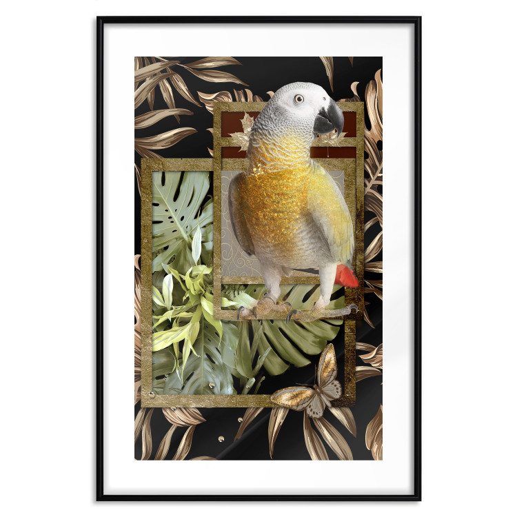Wall Poster Golden Parrot - butterfly and parrot on a branch against a background of tropical leaves 116436 additionalImage 17