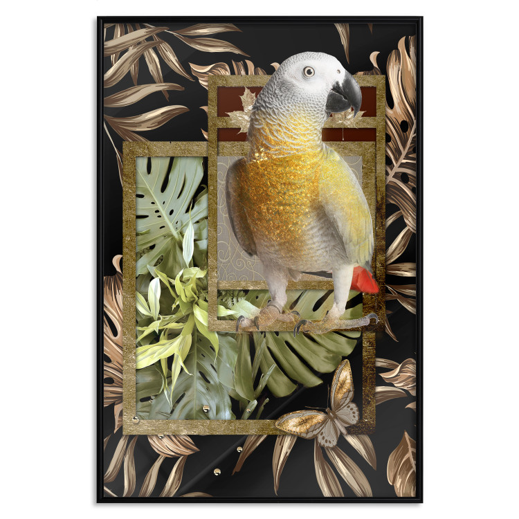 Wall Poster Golden Parrot - butterfly and parrot on a branch against a background of tropical leaves 116436 additionalImage 18