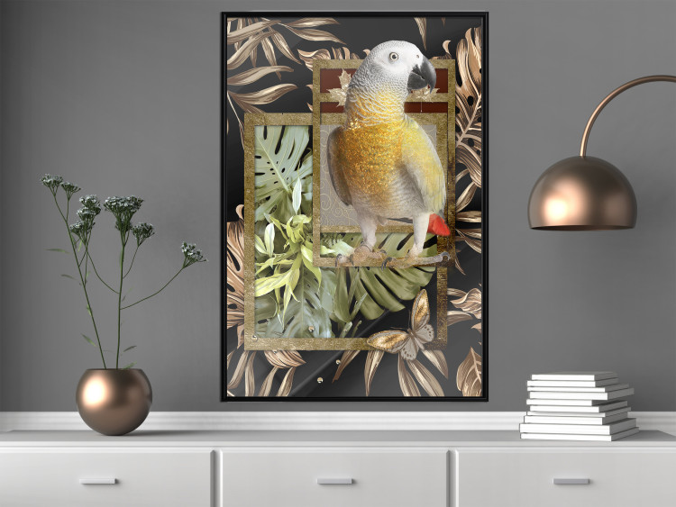 Wall Poster Golden Parrot - butterfly and parrot on a branch against a background of tropical leaves 116436 additionalImage 3