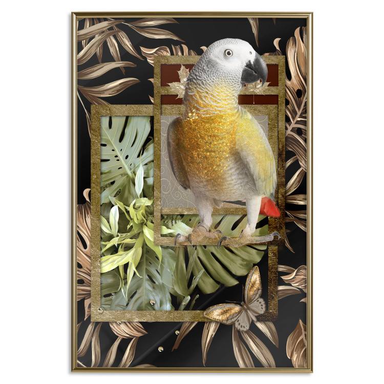 Wall Poster Golden Parrot - butterfly and parrot on a branch against a background of tropical leaves 116436 additionalImage 19