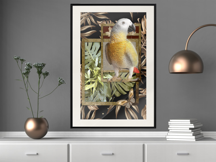 Wall Poster Golden Parrot - butterfly and parrot on a branch against a background of tropical leaves 116436 additionalImage 23