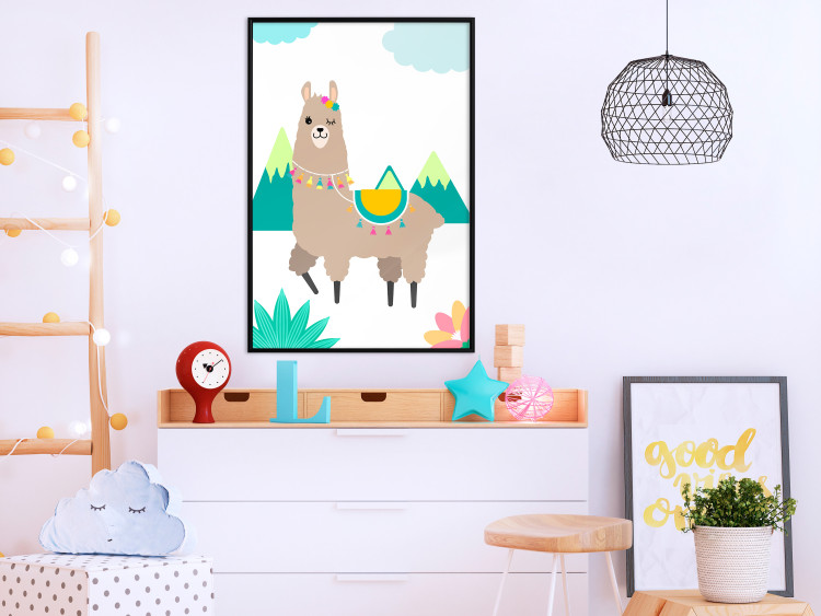 Wall Poster Unusual Llama - colorful funny animal against green mountains and clouds backdrop 123736 additionalImage 6