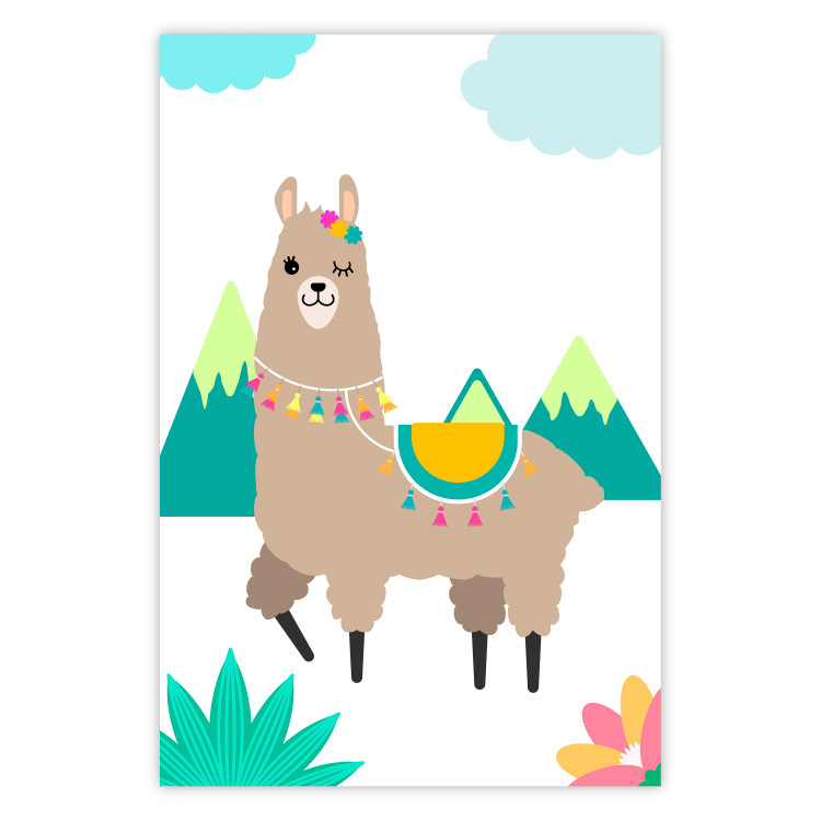 Wall Poster Unusual Llama - colorful funny animal against green mountains and clouds backdrop 123736