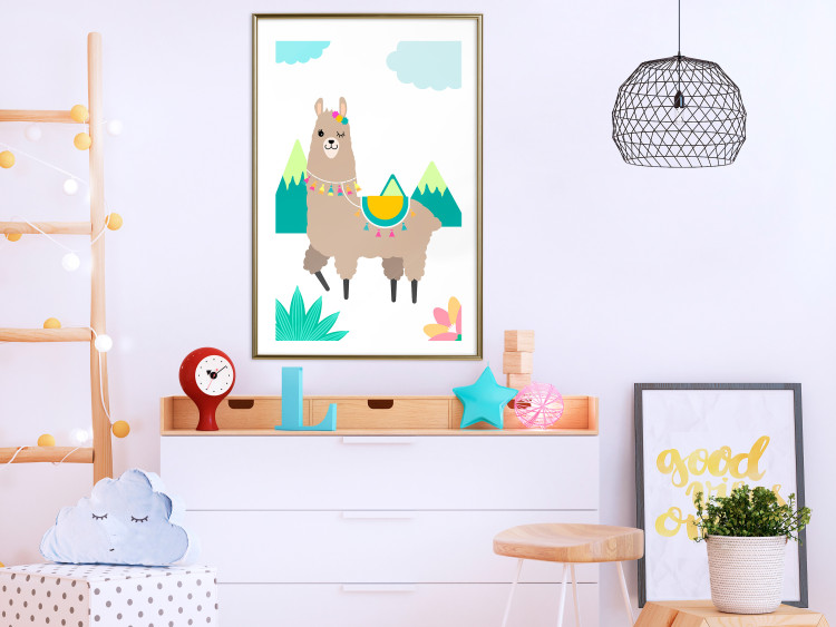 Wall Poster Unusual Llama - colorful funny animal against green mountains and clouds backdrop 123736 additionalImage 22