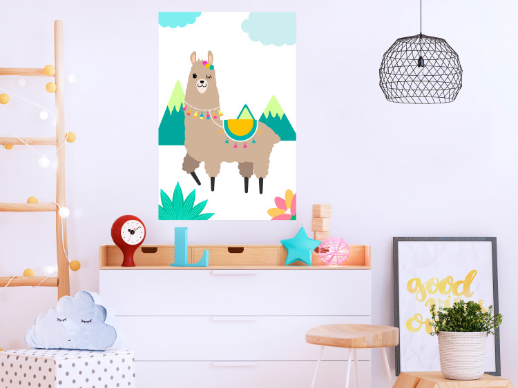 Wall Poster Unusual Llama - colorful funny animal against green mountains and clouds backdrop 123736 additionalImage 27