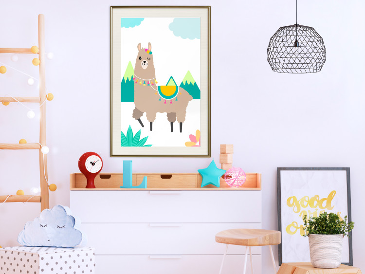 Wall Poster Unusual Llama - colorful funny animal against green mountains and clouds backdrop 123736 additionalImage 23