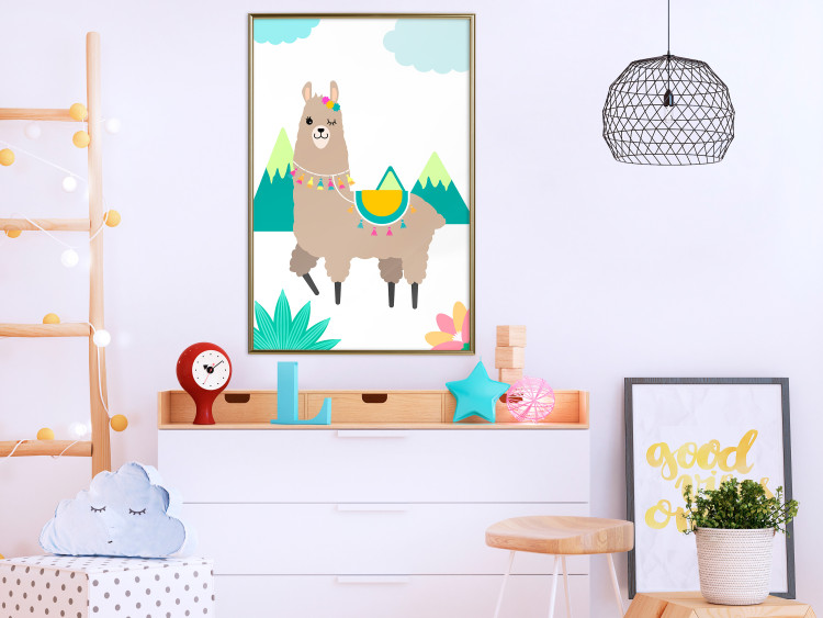 Wall Poster Unusual Llama - colorful funny animal against green mountains and clouds backdrop 123736 additionalImage 3