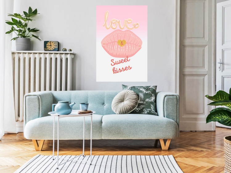 Wall Poster Sweet Kisses - English text and large pink lips on a pastel background 125236 additionalImage 16