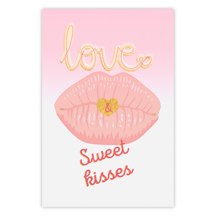 Wall Poster Sweet Kisses - English text and large pink lips on a pastel background 125236