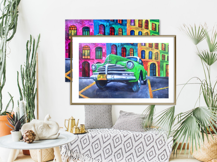 Wall Poster American Classic - green car against a background of colorful architecture 126536 additionalImage 15