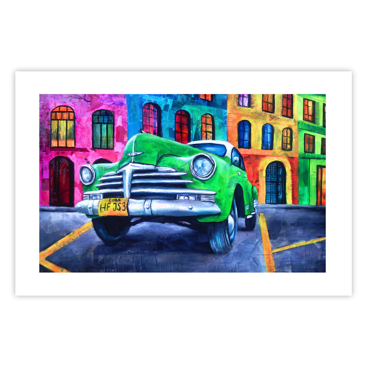 Wall Poster American Classic - green car against a background of colorful architecture 126536 additionalImage 25