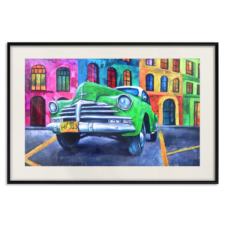 Wall Poster American Classic - green car against a background of colorful architecture 126536 additionalImage 19