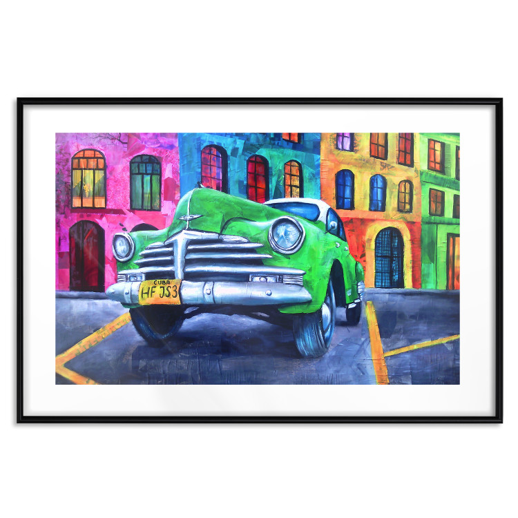 Wall Poster American Classic - green car against a background of colorful architecture 126536 additionalImage 15
