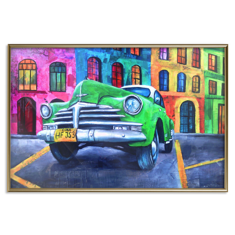 Wall Poster American Classic - green car against a background of colorful architecture 126536 additionalImage 21
