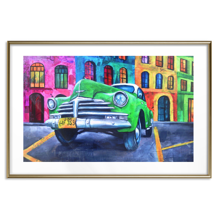 Wall Poster American Classic - green car against a background of colorful architecture 126536 additionalImage 14