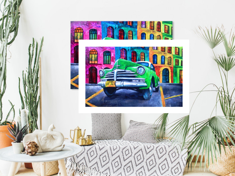 Wall Poster American Classic - green car against a background of colorful architecture 126536 additionalImage 3