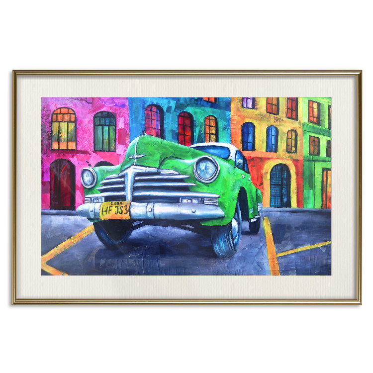 Wall Poster American Classic - green car against a background of colorful architecture 126536 additionalImage 20
