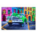 Wall Poster American Classic - green car against a background of colorful architecture 126536